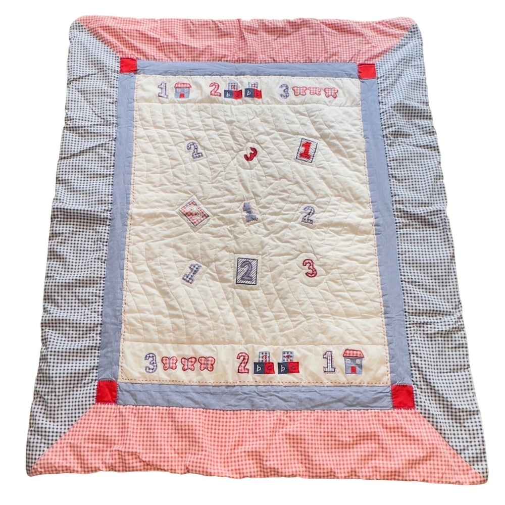 Marks & Spencer Baby Quilt Gingham‎ Patchwork Embroidered Numbers Blue Red 46x38